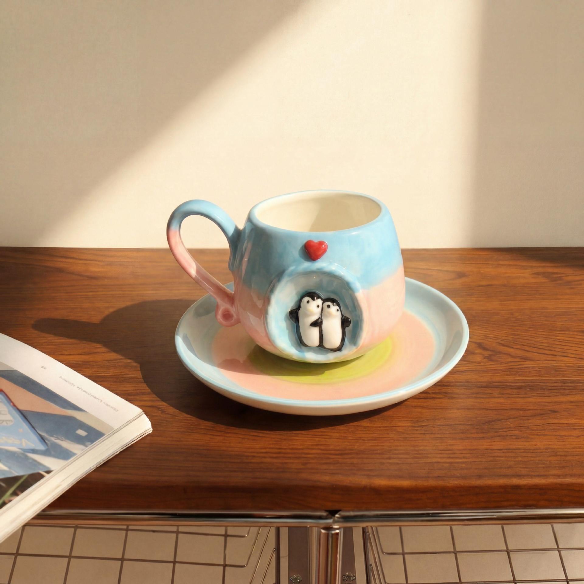 Penguin coffee cup and saucer-gradient powder + ball spoon - No specifications