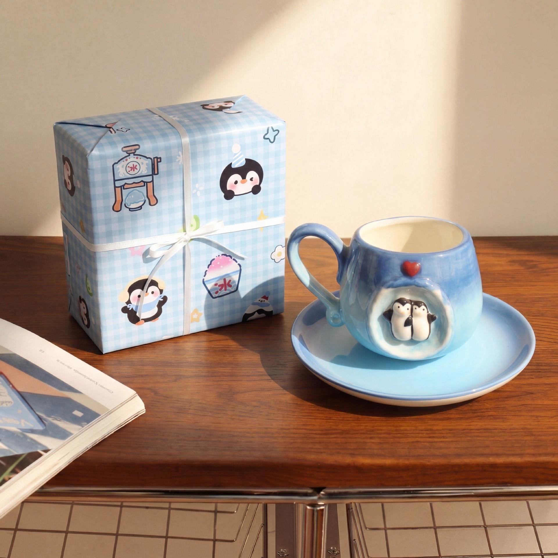 Penguin coffee cup and saucer - gradient blue + ball spoon + handmade gift packaging - No specifications