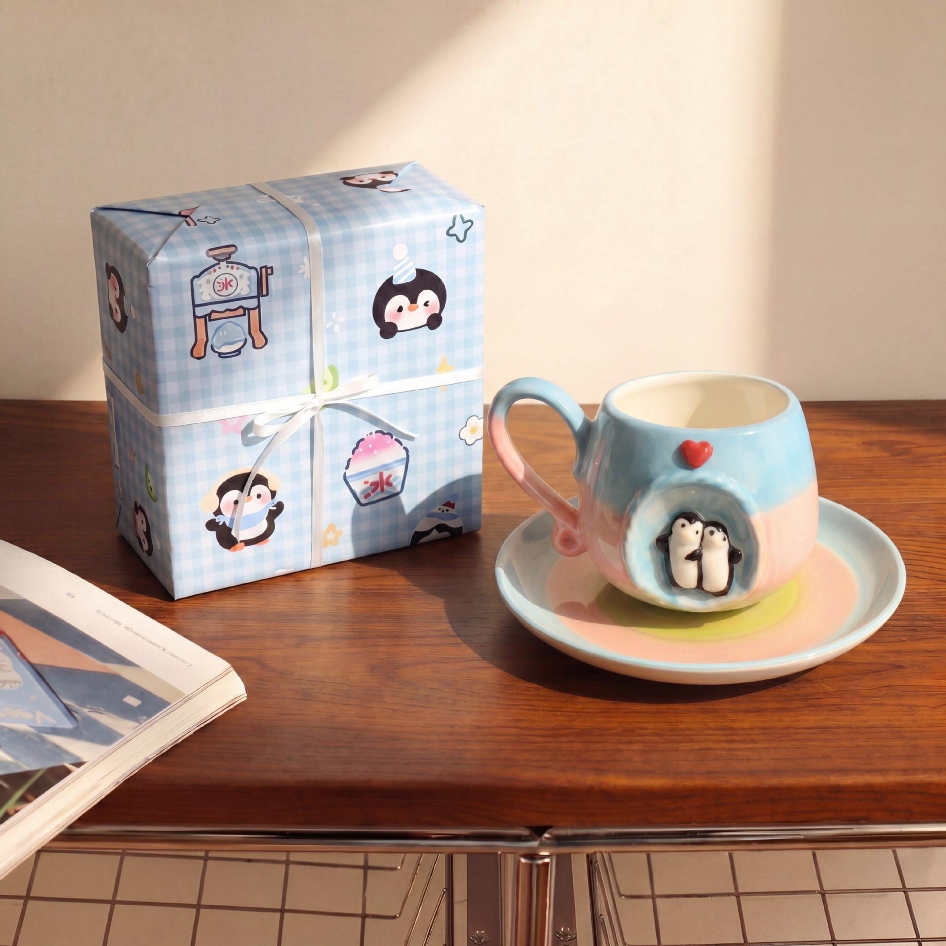 Penguin coffee cup and saucer - gradient powder + ball spoon + handmade gift packaging - No specifications