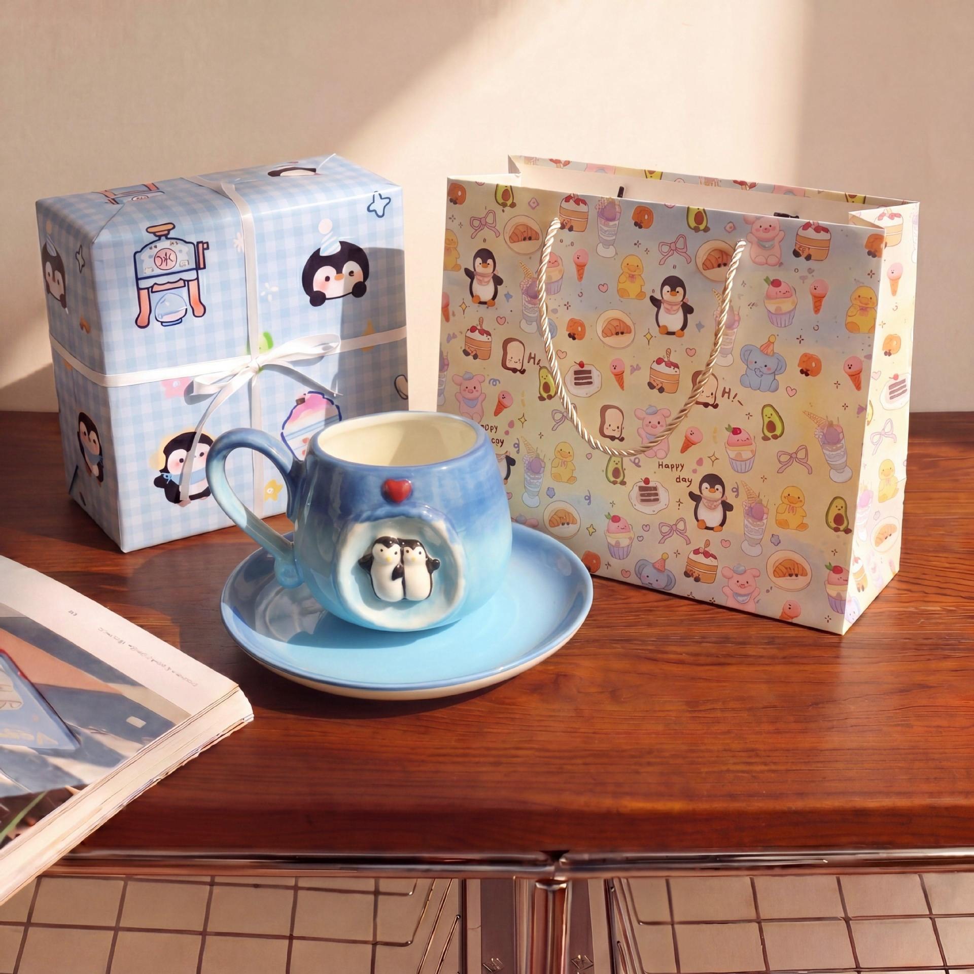 Penguin coffee cup and saucer - gradient blue + ball spoon + handmade gift packaging + gift bag - No specifications