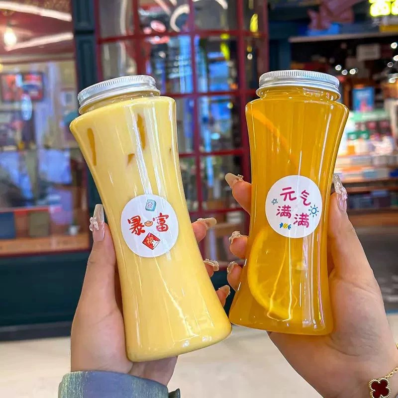 Slim Waist Milk Tea Cups, Disposable Juice Cold Drink Cups with Lids, High-Transparency Cold Brew Tea Bottles, Sugarcane Juice Plastic Bottles 