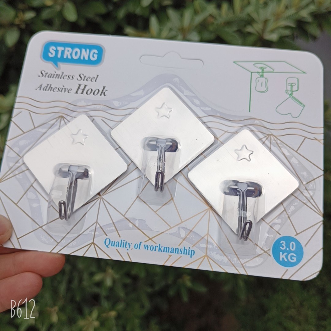 Large 4.2x4.2cm square stainless steel 3 pack - Adhesive hook3
